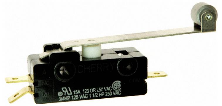 Eine Nahaufnahme eines mechanischen Schalters mit einem Hebel. Der Schalter zeigt die folgenden Spezifikationen: 15A 125 oder 250 VAC, 3/4 PS 125 VAC, 1/2 PS 250 VAC.