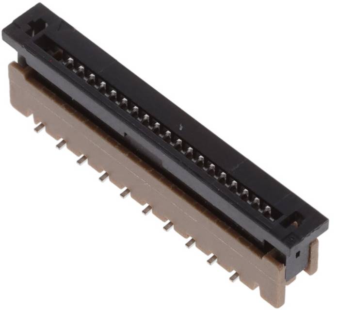 Ein Nahaufnahmebild eines braunen FPC-Steckers mit Metallstiften und einem schwarzen Schlitz, das für flexible Leiterplattensteckverbindungen in elektronischen Geräten verwendet wird.
