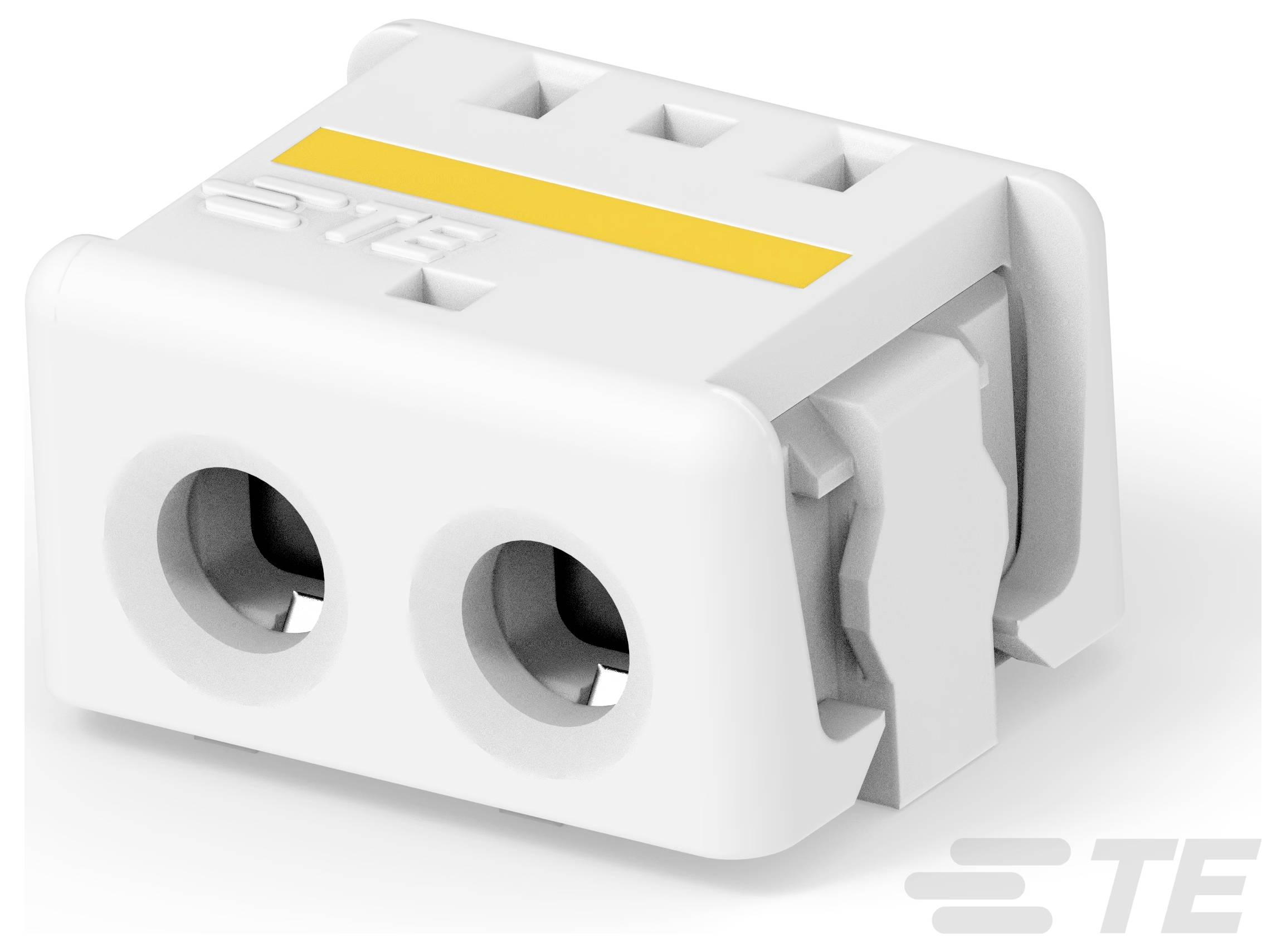 Ein weißes Dual-Position-Leiterplattenklemme mit gelbem Streifen, hergestellt von TE, mit schraubenlosen Federklemmen für elektrische Verbindungen.