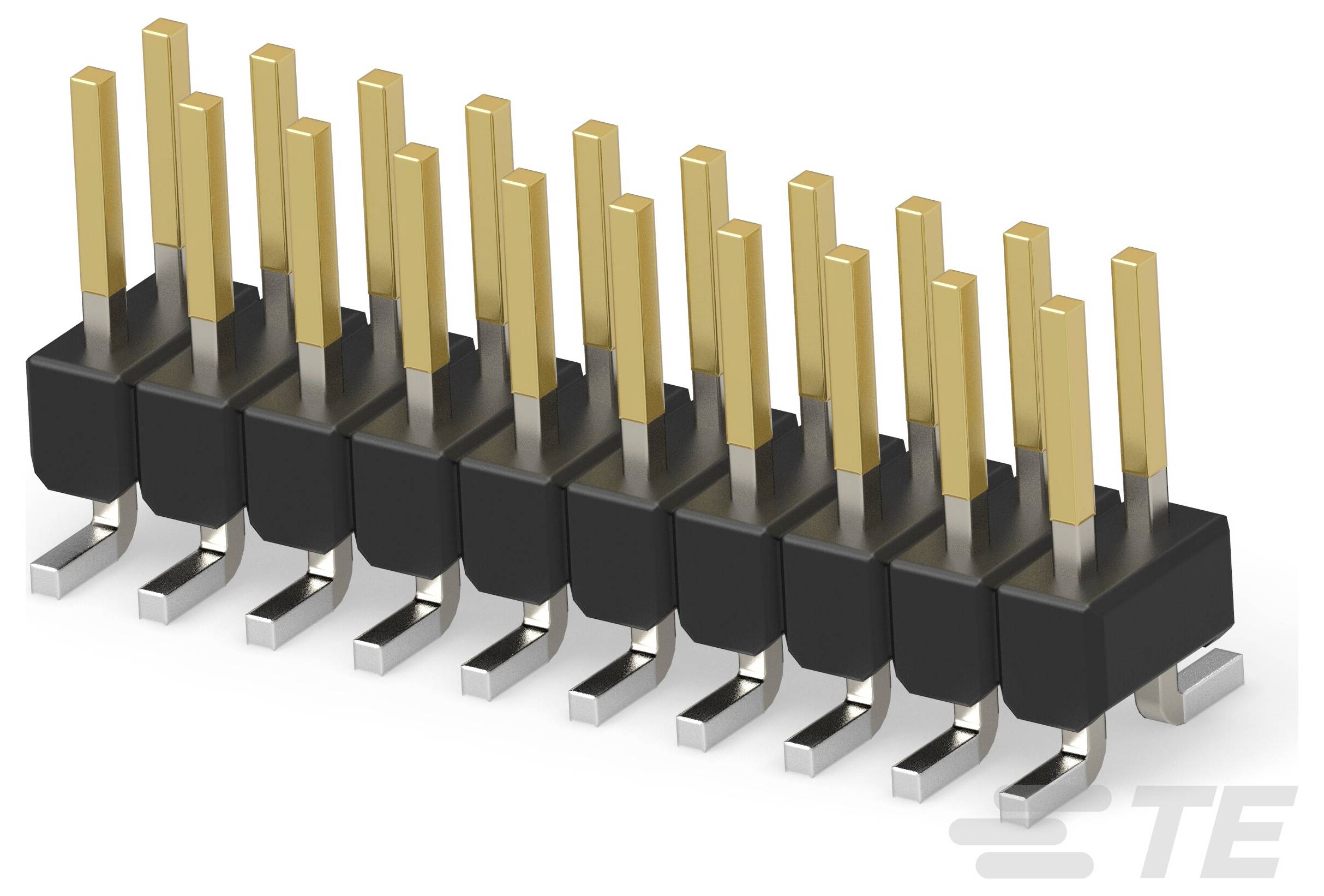 Ein 10-Pin-Steckerleisten-Stecker mit vergoldeten Kontakten und schwarzem Gehäuse, gewinkelt für oberflächenmontage.