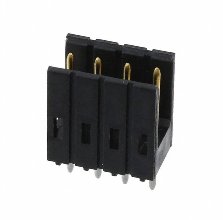 Ein schwarzer 4-poliger weiblicher Steckverbinder mit vergoldeten Kontakten, der zum Verbinden elektronischer Schaltungen auf einer Leiterplatte (PCB) verwendet wird.