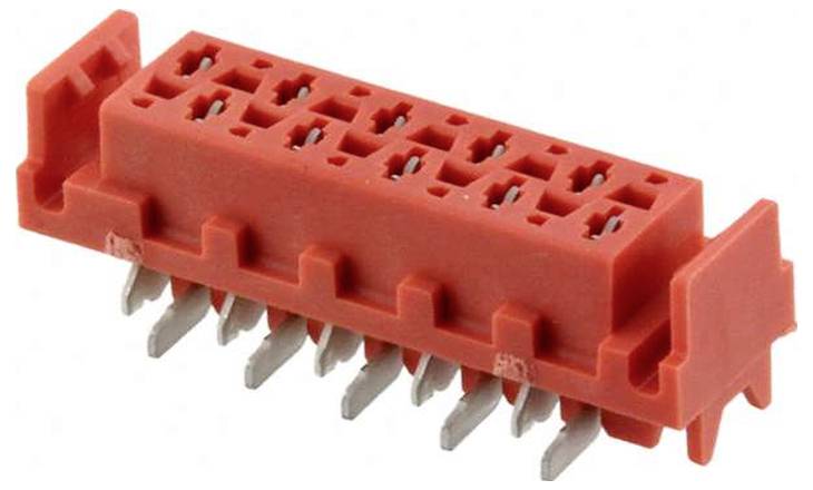 Roter Elektrostecker mit mehreren Buchsenkontakten und metallischen Stiften auf der Unterseite, verwendet für die Montage elektronischer Komponenten.
