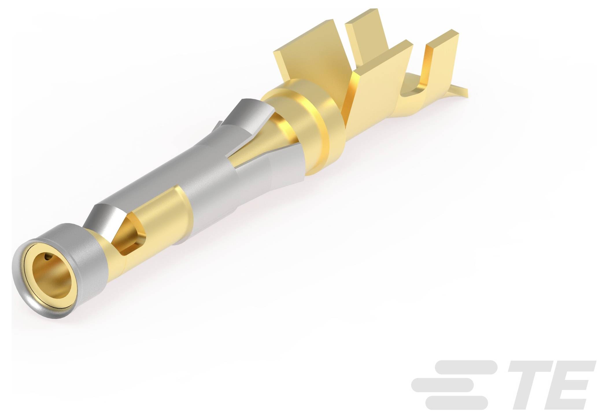 Ein Gold- und Silberklemmenverbinder für elektrische Komponenten mit Zylinder- und Laschende. Logo 'TE' in der unteren rechten Ecke.