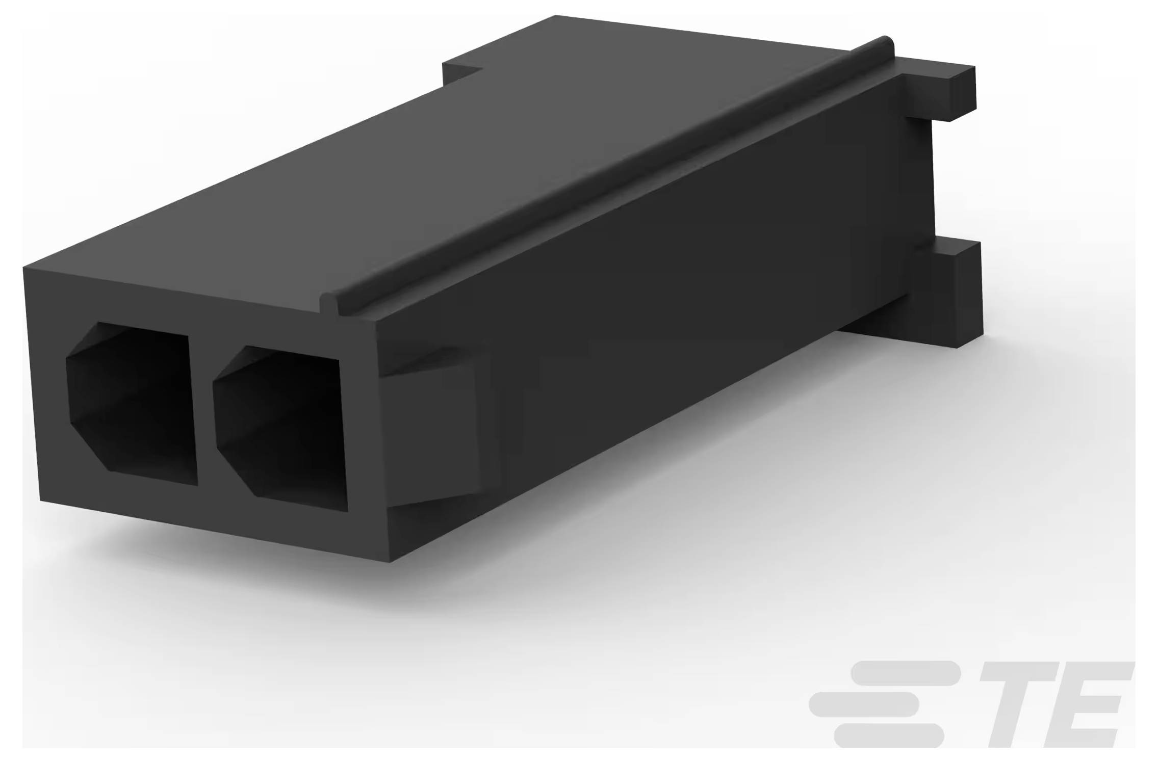 TE Connectivity 2-polige rechteckige Kunststoffgehäuse-Steckverbindung, schwarz, Schrägansicht, mit zwei Schlitzen für elektrische Verbindung.