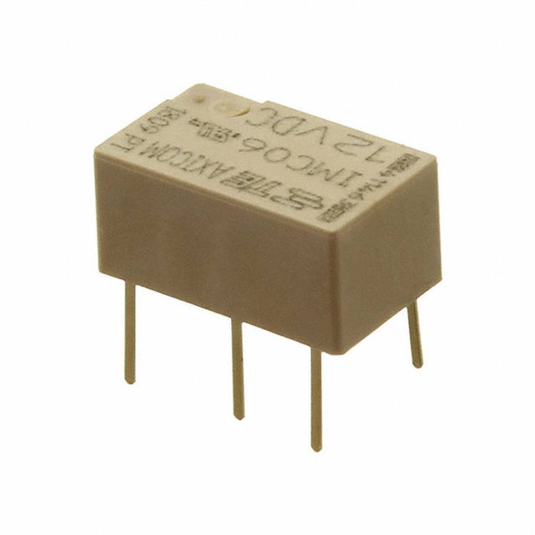 Eine kleine rechteckige elektronische Komponente mit vier Metallstiften, die nach unten hervorstehen, beschriftet mit 