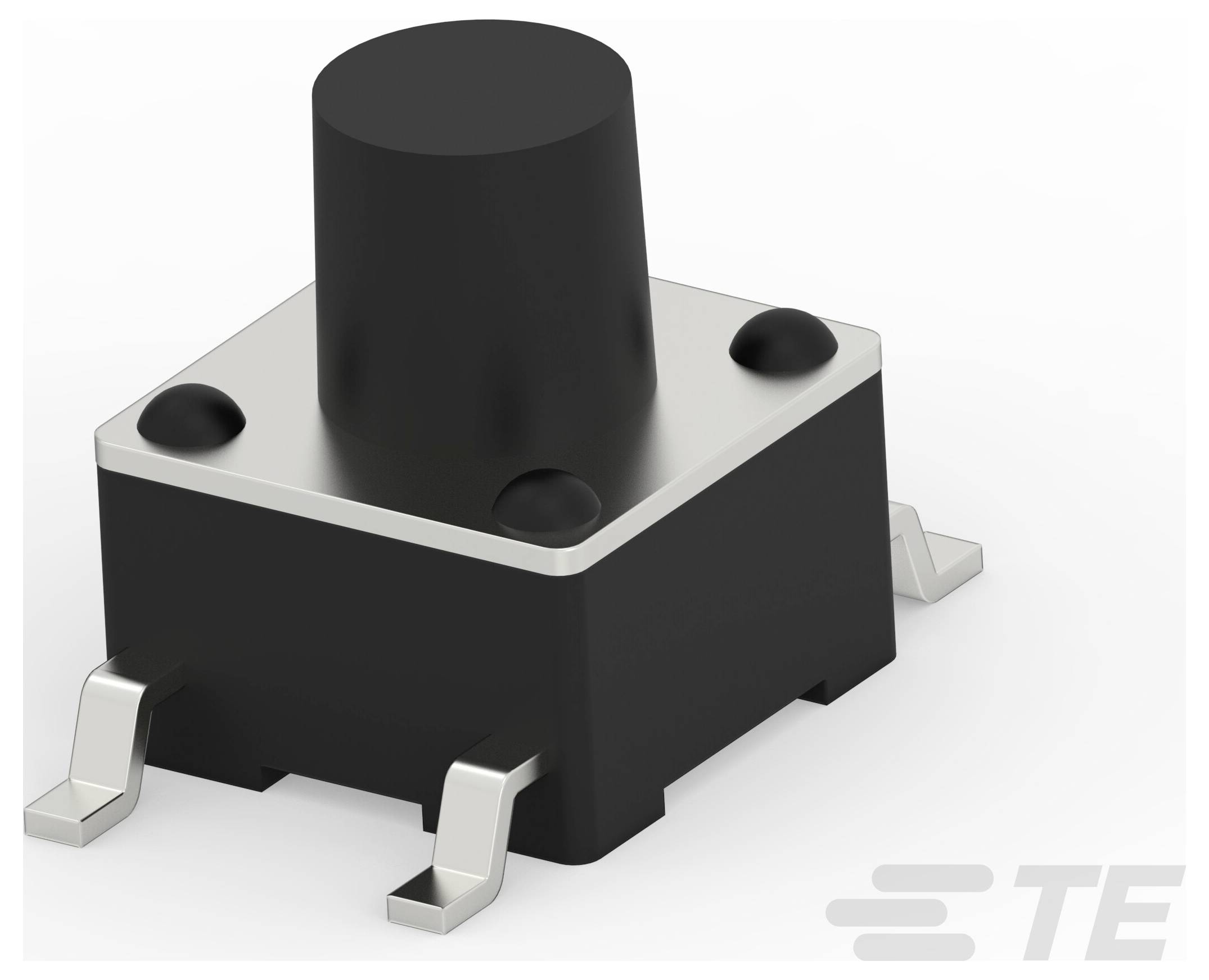 Ein schwarzer und silberner taktiler Schalter mit vier Metallkontakten, üblicherweise in elektronischen Geräten für Benutzereingaben verwendet.