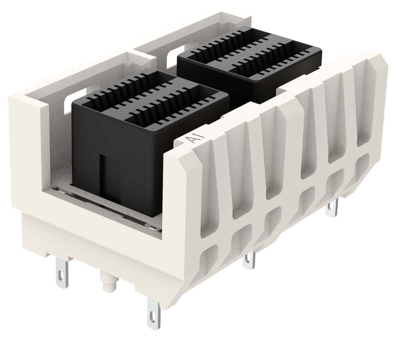 Ein weißer und schwarzer elektronischer Stecker mit zwei Reihen von Stiften und Nuten, entworfen für die Befestigung auf Leiterplatten.