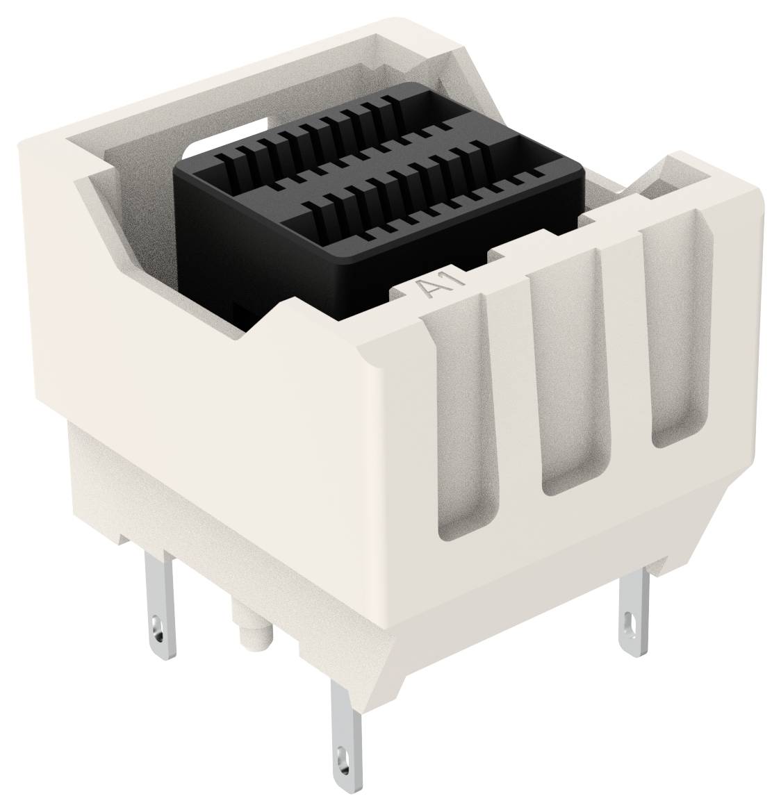 Ein weißer, rechteckiger elektrischer Stecker mit mehreren Metallstiften und einer schwarzen Innenkomponente, wahrscheinlich für Schaltungsverbindungen verwendet.
