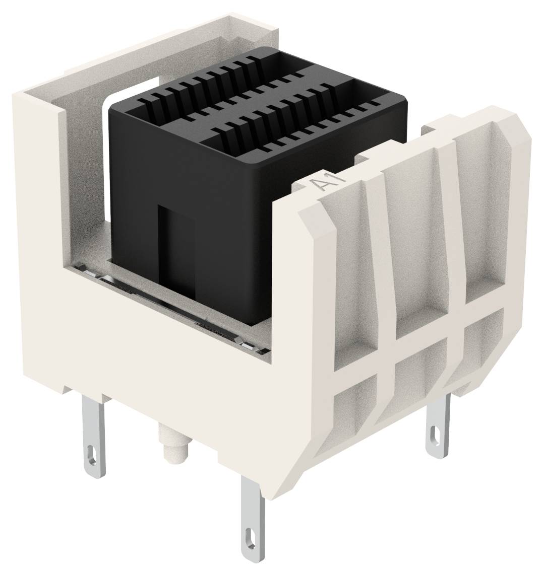 Elektrotransformator-Buchse mit mehreren Anschlüssen; schwarze und graue Komponenten; mit A1 gekennzeichnet zur Orientierung; wird auf Leiterplatten verwendet.