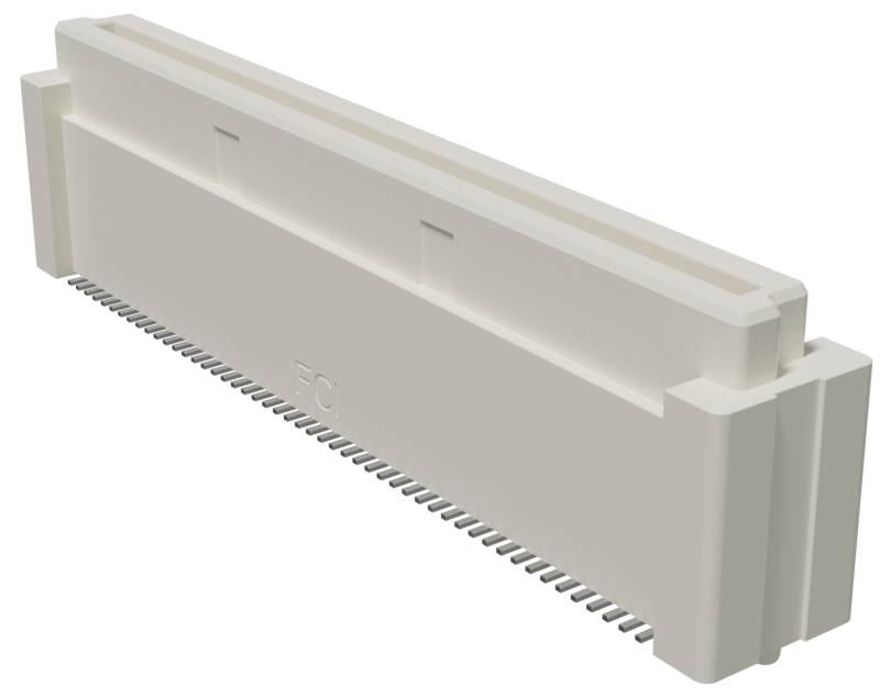 Ein weißer Kantenstecker mit mehreren Stiften, der zum Verbinden von elektronischen Komponenten in einen Schlitz verwendet wird, häufig in Computern oder auf Leiterplatten.