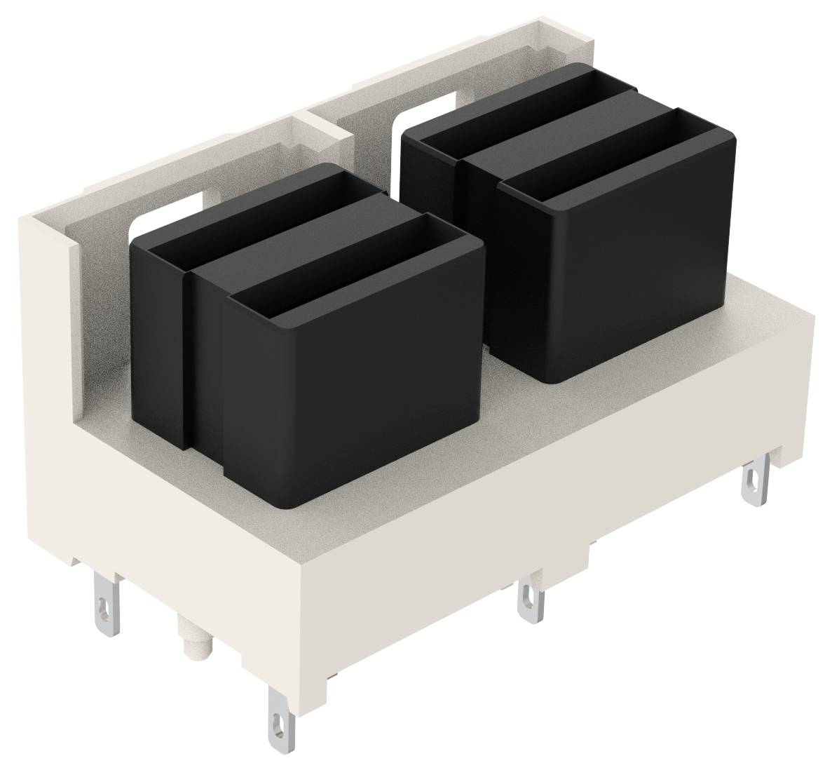 Eine rechteckige beige elektrische Komponente mit zwei großen schwarzen rechteckigen Teilen oben, die vier Metallverbinder am unteren Ende aufweist.