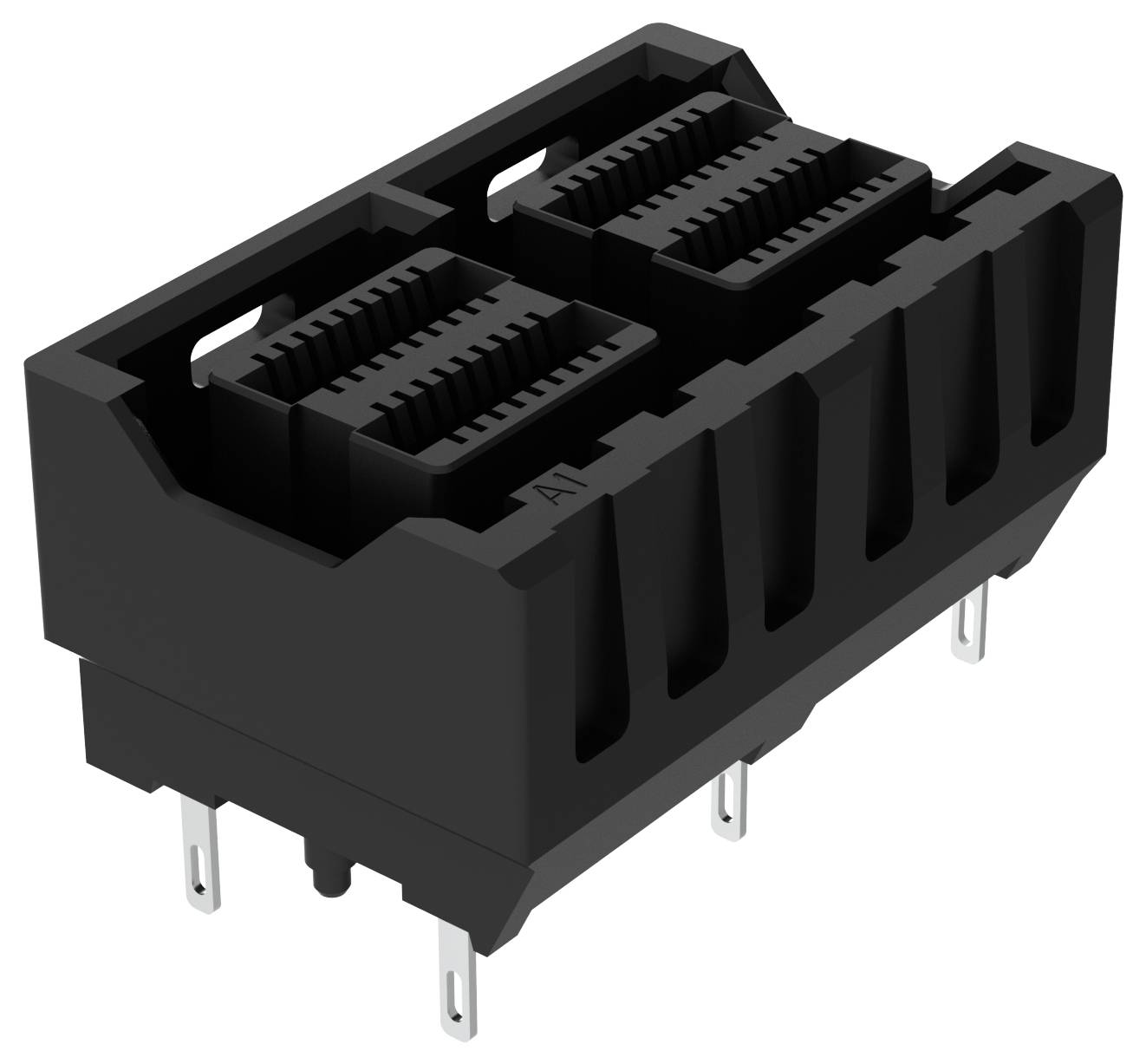 Schwarzer Elektrostecker mit mehreren Stiften und Schlitzen zur Kabelverbindung.