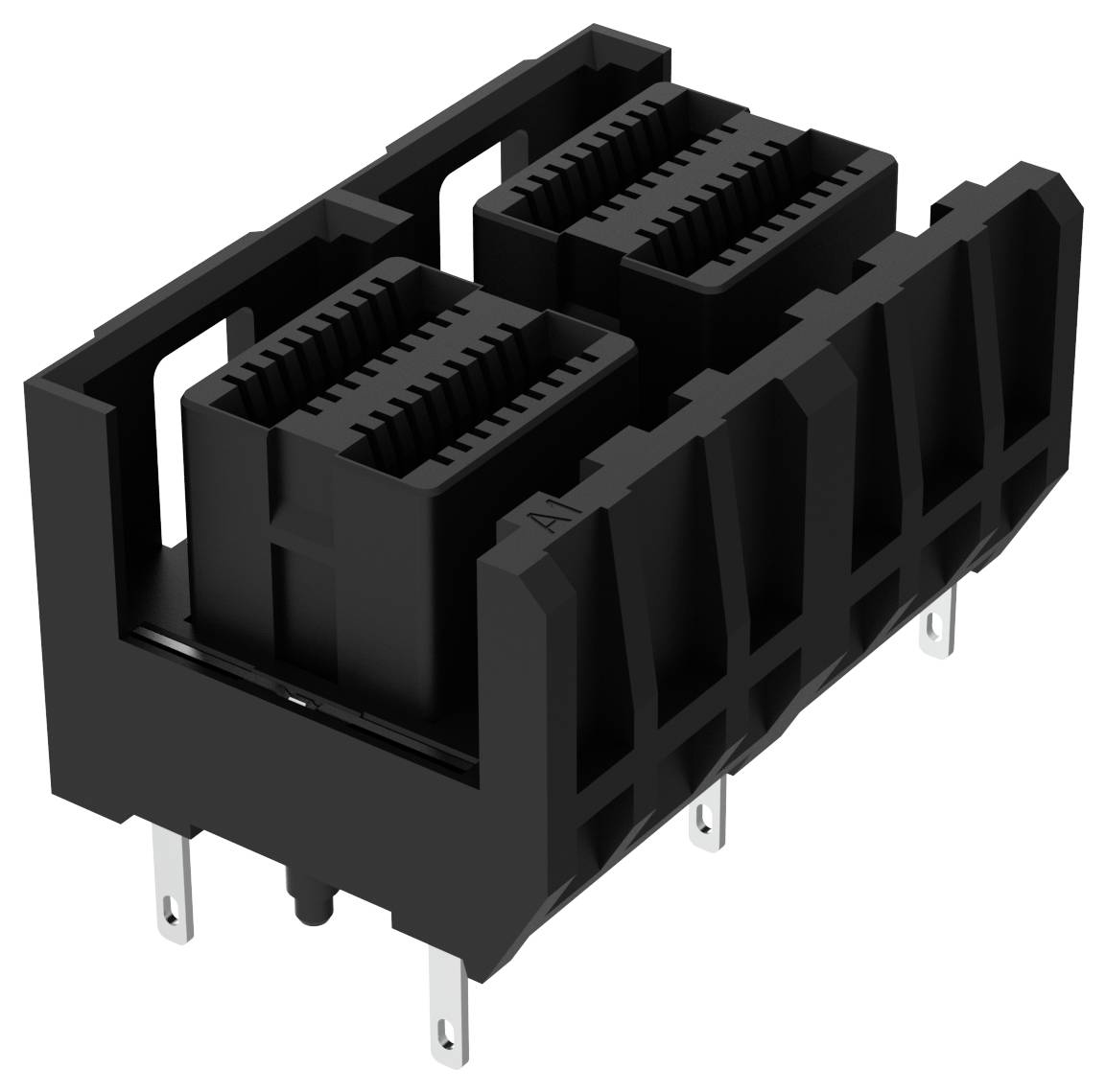 Eine schwarze elektronische Steckerkomponente mit zwei Reihen rechteckiger Schlitze und mehreren Metallstiften für elektrische Verbindungen.