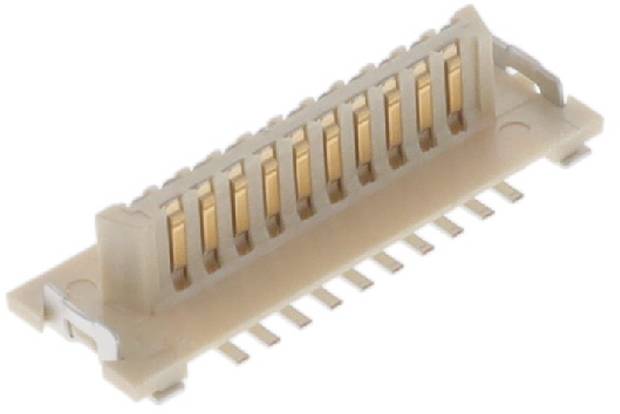 Ein hellbraun gefärbter Kunststoff-Elektronikstecker mit 12 vergoldeten Stiften, entwickelt zum Befestigen von Flachbandkabeln an einer Leiterplatte.
