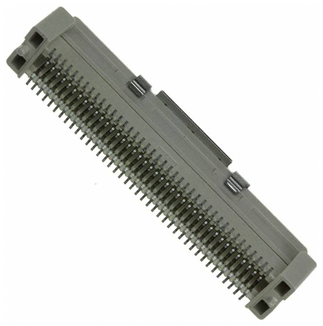 Eine Nahaufnahme eines grauen, rechteckigen elektronischen Steckers mit mehreren Metallkontakten, der zum Verbinden von Leiterplatten oder elektronischen Komponenten verwendet wird.