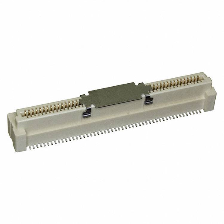 Ein weiß-grauer rechteckiger elektronischer Stecker mit mehreren Goldkontakten, die in zwei Reihen angeordnet sind und für Leiterplattenverbindungen verwendet werden.