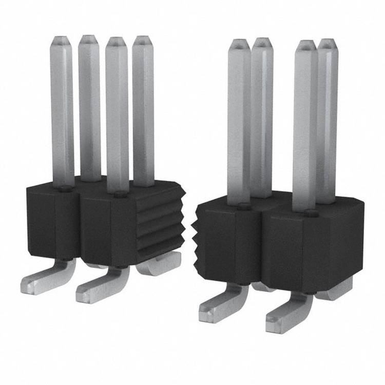 Zwei schwarz-silberne Metallverbinder mit mehreren Stiften, die für elektronische oder elektrische Verbindungen verwendet werden.