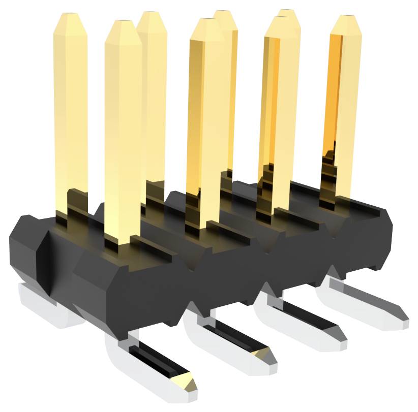 Eine 3D-Darstellung eines 5-poligen Stecker-Kopfzeilensteckers, die eine Reihe von vergoldeten Pins zeigt, die auf einer schwarzen Kunststoffbasis montiert sind.
