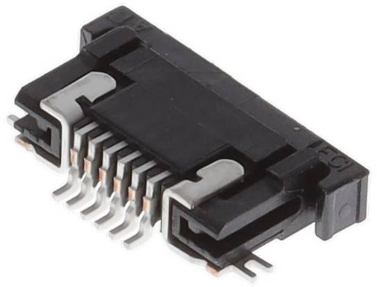 Ein 12-poliger Oberflächenmontage-Stecker, schwarz mit metallischen Kontakten, typischerweise in der Elektronik zum Verbinden von Kabeln oder Komponenten verwendet.