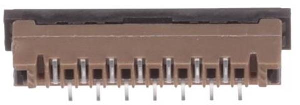 Ein Flachbandkabel (FFC) Stecker mit braunem Gehäuse und mehreren Metallkontakten zur Verbindung von flexiblen Leiterplatten.