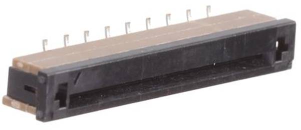 Ein braun und schwarz gefärbter rechteckiger elektronischer Stecker mit mehreren Metallstiften oben, verwendet für die Schaltplatinenkonnektivität.