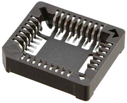 Ein schwarzer integrierter Schaltkreissockel mit Metallstiften, die in einem Quadrat angeordnet sind, wird verwendet, um einen Chip sicher auf einer Leiterplatte zu halten.