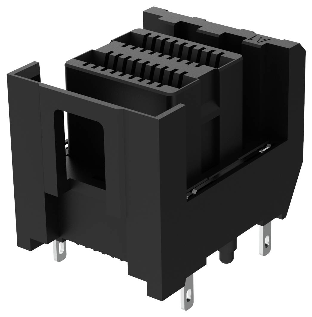 Schwarze elektronische Komponente mit mehreren Schlitzen und Metallstiften an der Basis, möglicherweise ein Stecker oder eine Buchse.