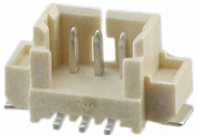 Ein dreibrissiger beiger Stecker mit Metallkontakten, verwendet für elektronische Schaltungsverbindungen.