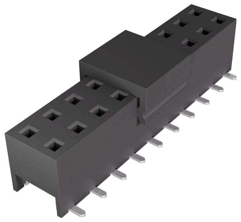 Ein schwarzer rechteckiger elektronischer Stecker mit mehreren quadratischen Öffnungen und Metallstiften, der zur Sicherung von Verbindungen auf einer Leiterplatte verwendet wird.