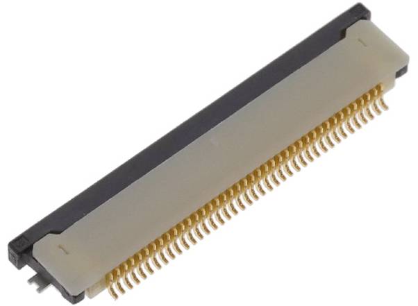 Eine Nahaufnahme eines flachen, flexiblen Verbinders (FFC) mit mehreren goldenen Kontakten, der zum Verbinden von elektronischen Komponenten verwendet wird.