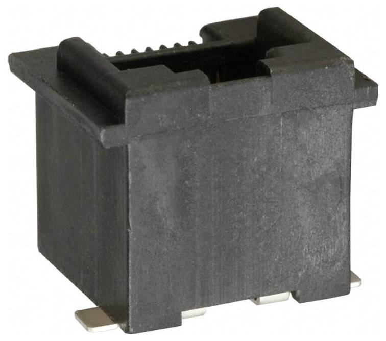 Ein schwarzes rechteckiges elektronisches Steckverbinder-Komponententeil mit sichtbaren Metallkontakten.