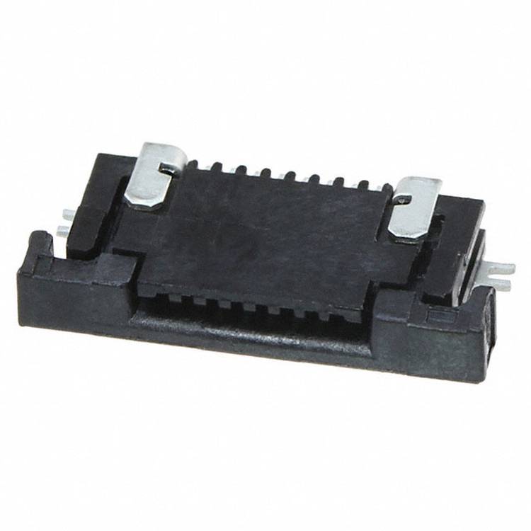 Ein schwarzer und silberner Halbleitechip, rechteckig geformt, mit metallischen Anschlüssen an den Seiten, verwendet in elektronischen Geräten.
