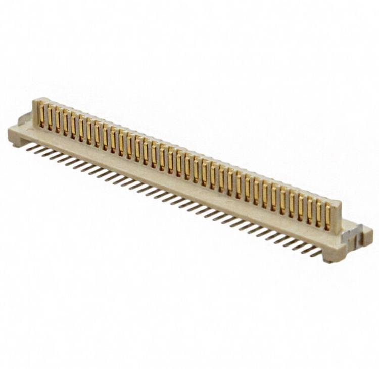 Ein 40-poliger Board-to-Board-Stecker mit versetzten Goldkontakten, Seitenansicht, geeignet für elektronische Schaltungsanwendungen.