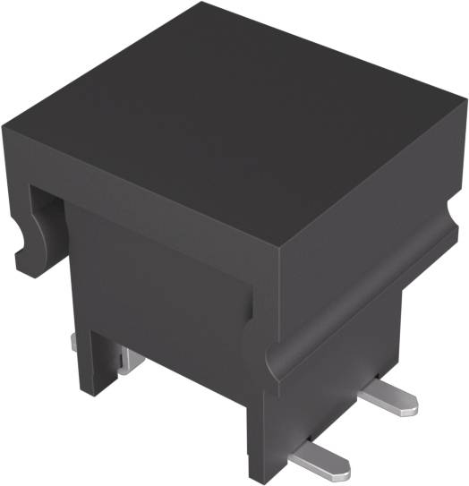 Ein schwarzes elektronisches Bauteil mit vier Metallstiften, die von der Unterseite ausgehen und zum Aufstecken auf Leiterplatten verwendet werden.