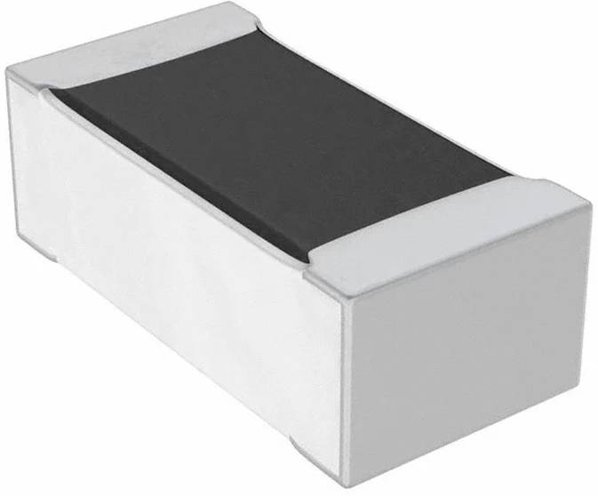 Ein kleines rechteckiges elektronisches Bauelement mit schwarzer Oberfläche und weißen Enden, häufig auf Leiterplatten verwendet.