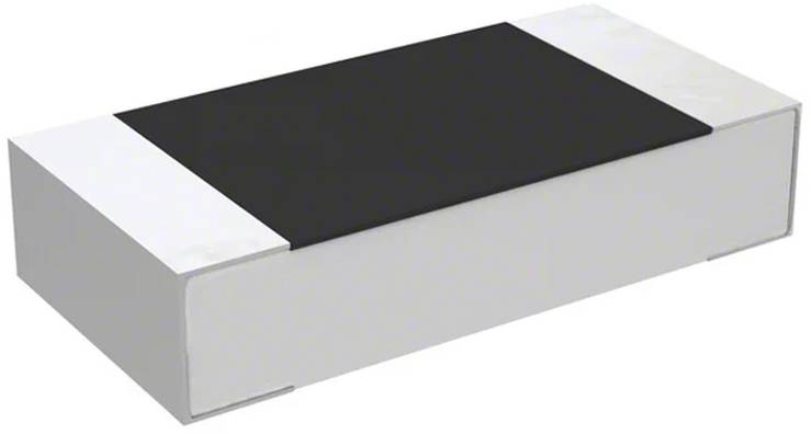 Eine rechteckige elektronische Komponente mit schwarzer Oberseite und weißen Seitenflächen, wahrscheinlich ein oberflächenmontierbarer Widerstand oder Kondensator.