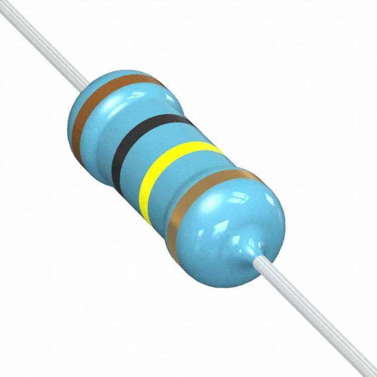 Eine Nahaufnahme eines blauen zylindrischen Widerstands mit farbigen Ringen: braun, schwarz, gelb und gold, die seinen Widerstandswert darstellen.