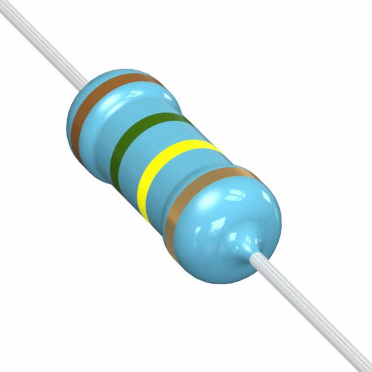 Ein blauer axial bestückter Widerstand mit fünf Farbringen: braun, grün, gelb, blau, braun.