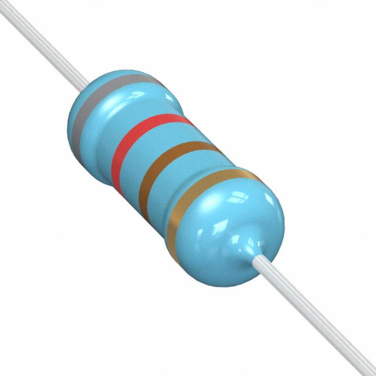 Ein blauer zylindrischer Widerstand mit farbigen Bändern: braun, violett, rot und gold, die den Widerstandswert und die Toleranz anzeigen.