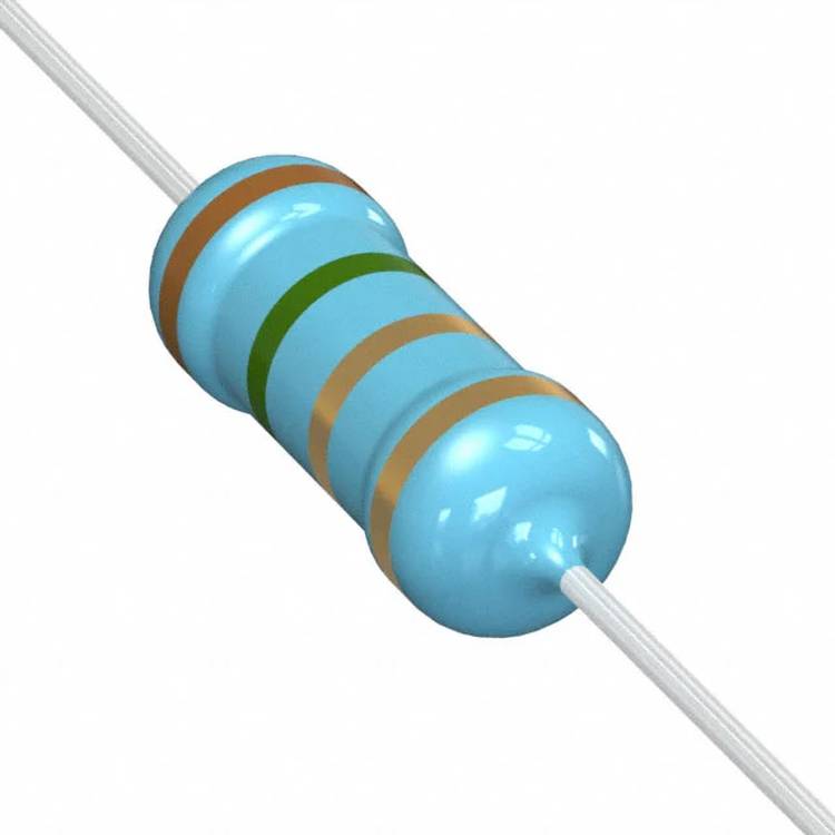 Eine Nahaufnahme eines Widerstands mit blauem Gehäuse und farbigen Bändern, die seinen Widerstandswert anzeigen, typischerweise in elektronischen Schaltkreisen verwendet.
