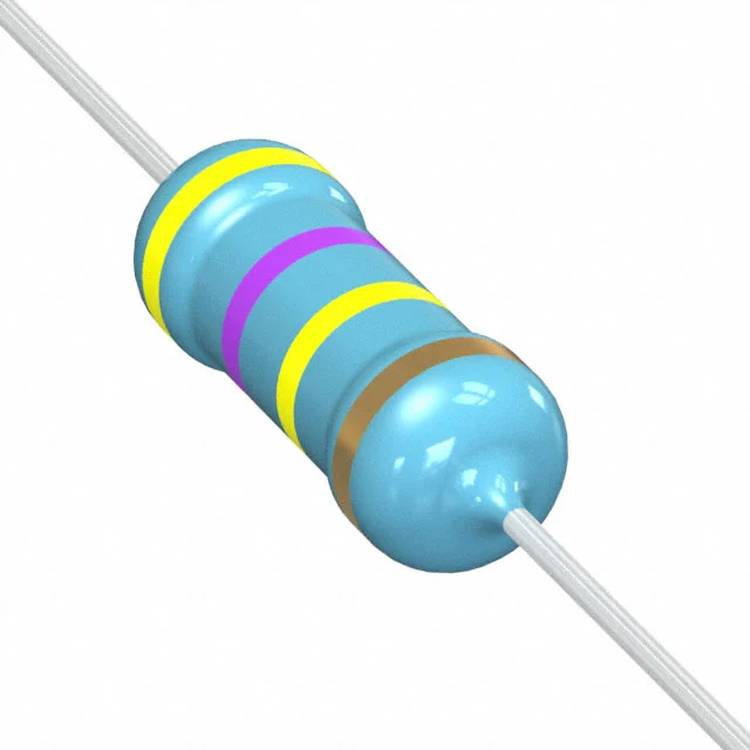 Ein blaugrüner zylindrischer Widerstand mit farbigen Bändern: gelb, rosa, gelb, gelb, braun, auf einen Draht montiert, der den Widerstandswert anzeigt.