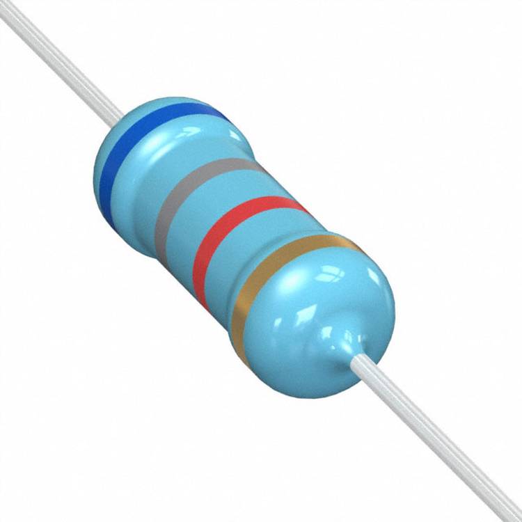 Ein zylindrischer blauer Widerstand mit bemalten Farbringen: blau, grau, rot und gold, die seinen elektrischen Widerstandswert angeben.
