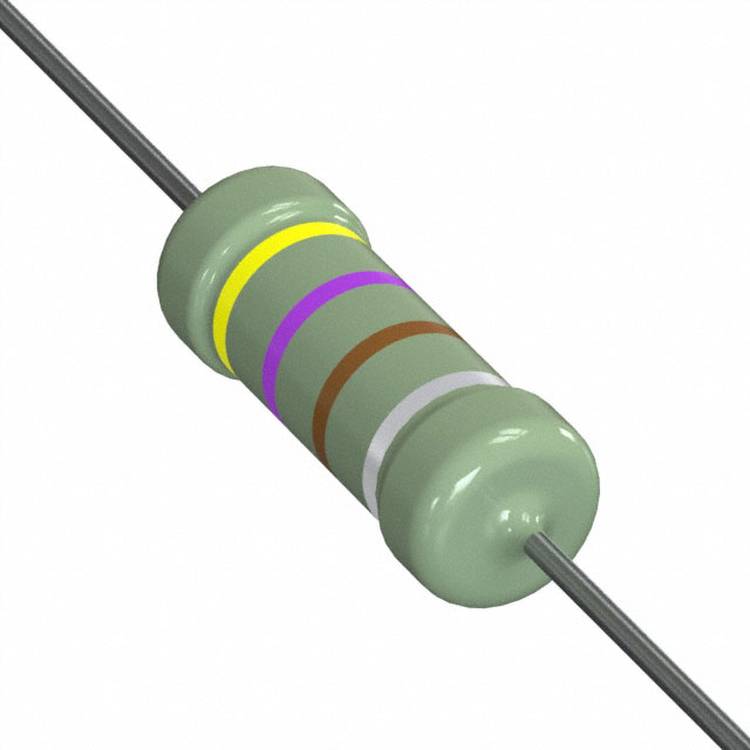 Eine Nahaufnahme eines zylindrischen Widerstands mit Farbringen: gelb, violett, braun, gold auf einem hellgrünen Körper, gibt den Widerstandswert an.