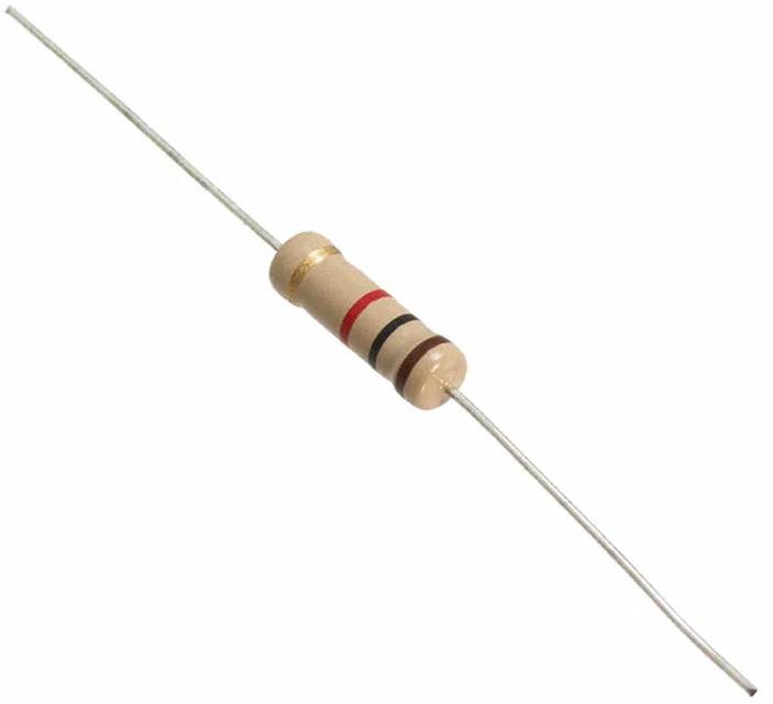 Ein zylindrischer elektronischer Widerstand mit vier farbigen Bändern: braun, rot, schwarz und gold, die seinen Widerstandswert und seine Toleranz anzeigen.