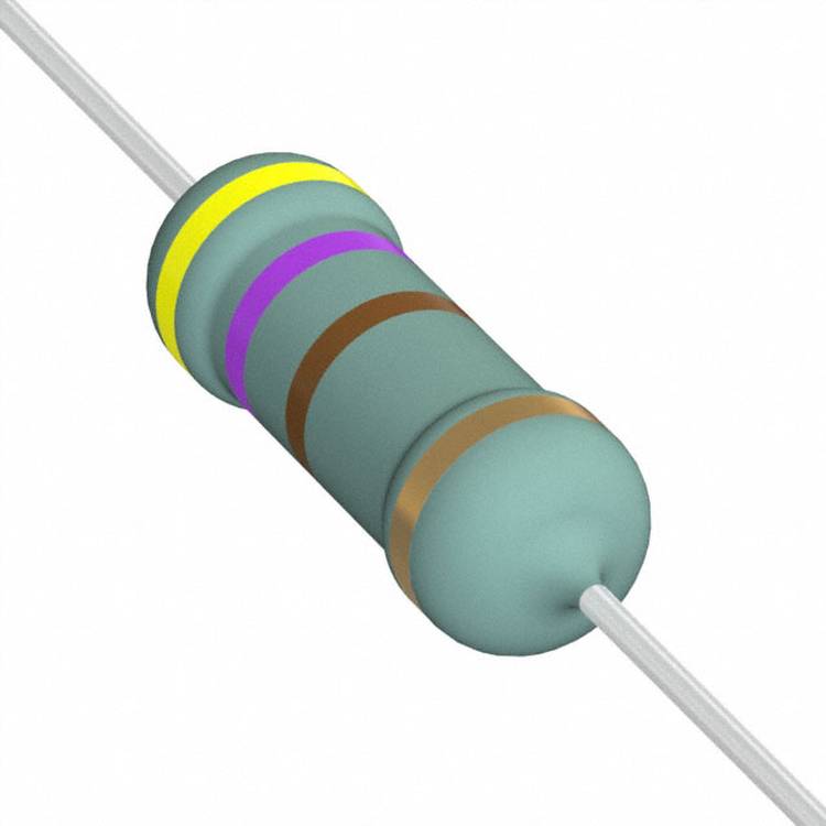 Ein blaugrüner Widerstand mit farbigen Ringen: gelb, violett, grün und braun kennzeichnet den Widerstandswert und wird in elektronischen Schaltkreisen verwendet.