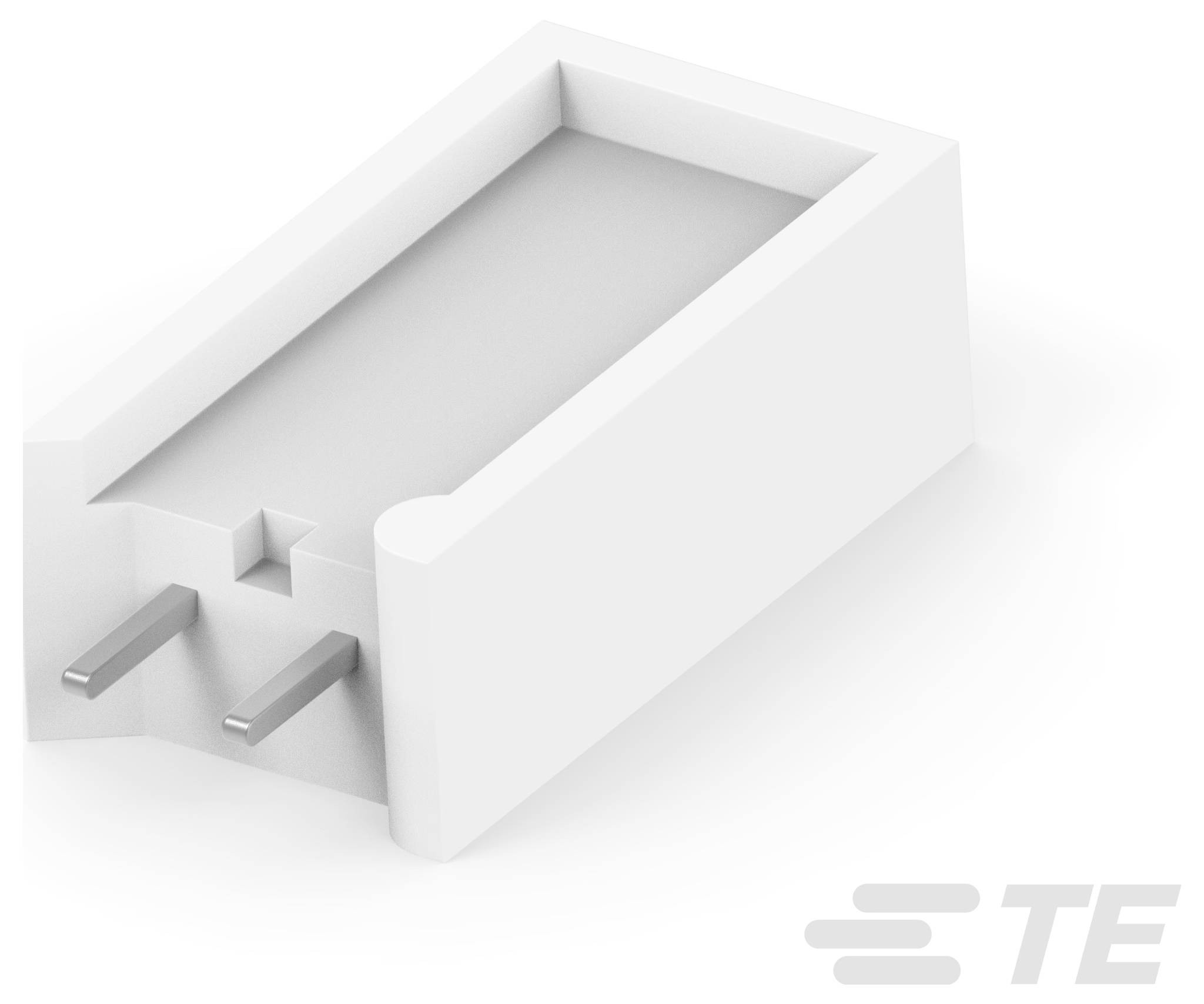 Ein weißes Verbindungsgehäuse mit zwei Metallstiften, die sich von einem Ende erstrecken, das für elektronische Anwendungen verwendet wird. Logo in der Ecke.