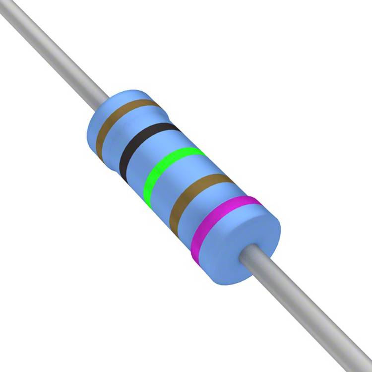 Ein Widerstand mit Farbringen: blau, schwarz, grün, braun und blau. Die Ringe geben den Widerstandswert und die Toleranz des Widerstands an.