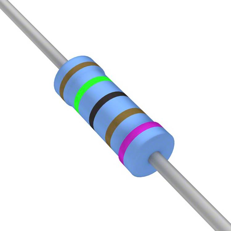 Ein blauer Widerstand mit Farbringen: braun, schwarz, grün, gold. Die Ringe zeigen einen Widerstandswert von 1 Megaohm mit einer Toleranz von 5%.