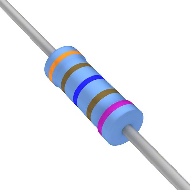 Ein blauer Widerstand mit orange, blau, schwarz, braun und gold Bändern auf einem grauen Draht, was seinen Widerstandswert in elektrischen Schaltkreisen anzeigt.