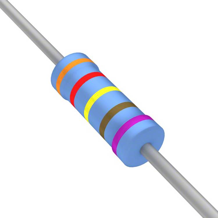 Ein blauer Widerstand mit Farbringen: orange, rot, schwarz, gelb, braun. Gibt den Wert des elektrischen Widerstands und die Toleranz an.